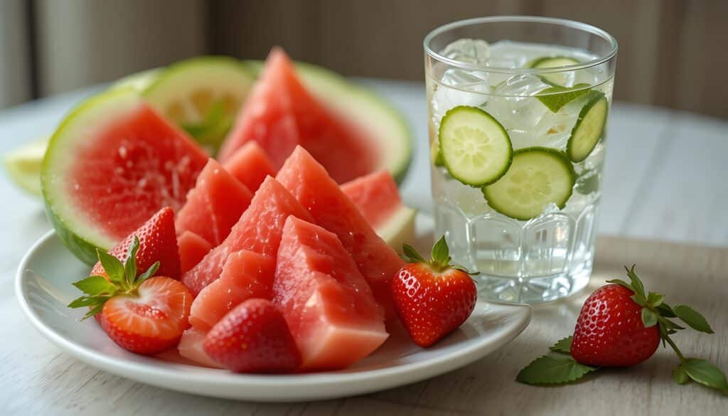 Sommerlicher Snack mit Melone, Erdbeeren und erfrischendem Gurkenwasser Obstteller mit Gurkenwasser | Leitungswasser Filter