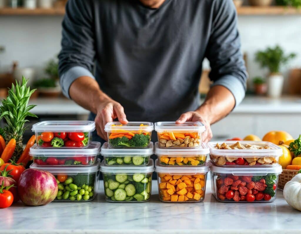 Mahlzeitenplanung mit geschnittenem Gemuese und Proteinboxen Vorgekochte Mahlzeiten mit Gemuese | Omega-3 Algenoel