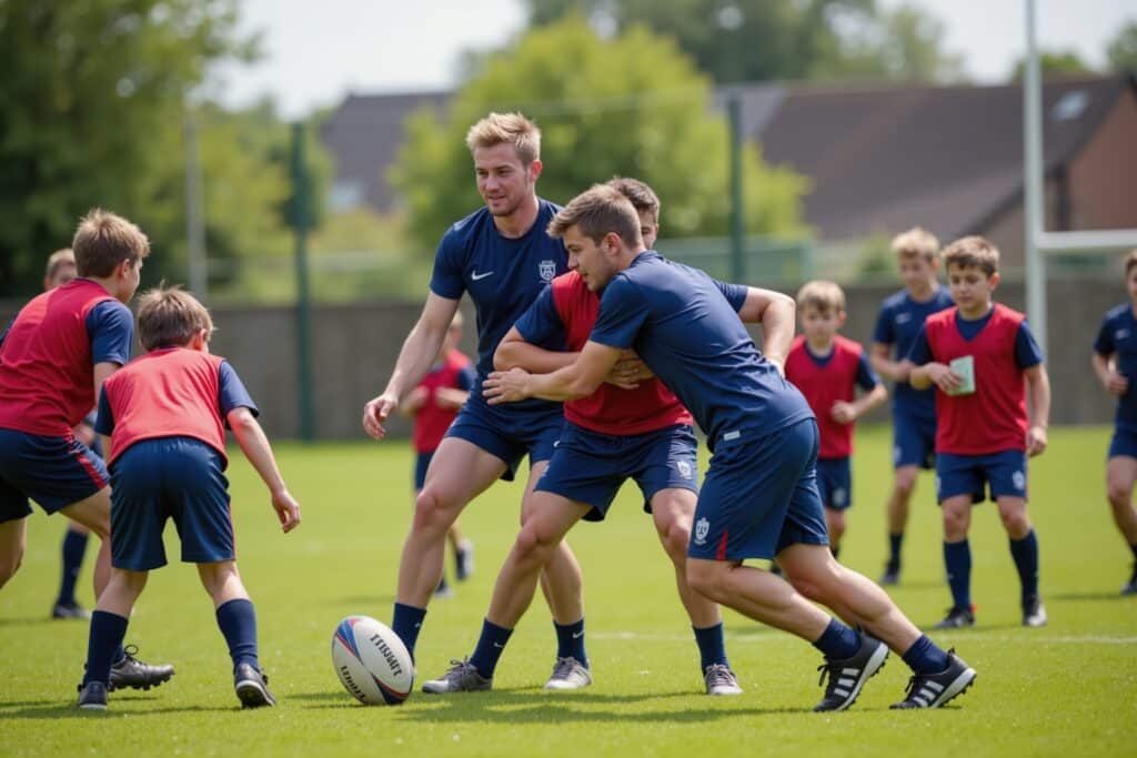 Jugendliche spielen Rugby bei Turnier auf dem Sportplatz Rugbyspiel mit Jugendlichen beim Sportevent | Medaille kaufen
