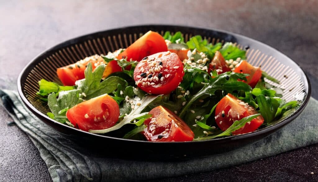 Tomatensalat mit grünem Blattgemuese und Samen Frischer Blattsalat mit Sesam | Omega-3 Algenoel