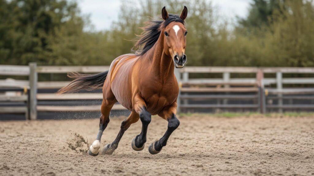 Show jumping horses for sale: Strong sport horse in motion during training