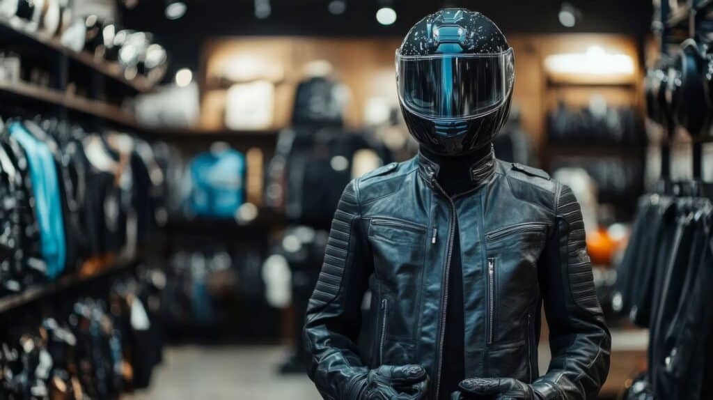 Motorradfahrer trägt schwarze Lederjacke und Helm in einem Fachgeschäft; symbolisiert Schutz, Komfort und Qualität der Motorradbekleidung von Held.
