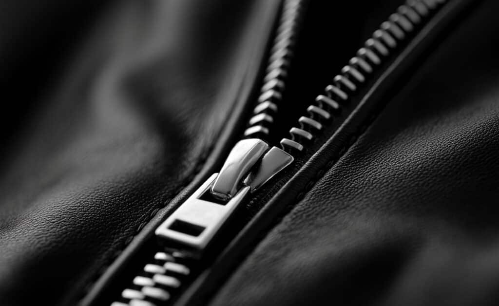 Detailaufnahme eines Reißverschlusses in schwarzer Lederjacke; steht für hochwertige Materialien, Verarbeitung und Langlebigkeit der Motorradbekleidung von Held.